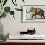 A book, a jar of Gold Coast Overnight Balm, and a lush plant elegantly arranged on a stylish shelf.