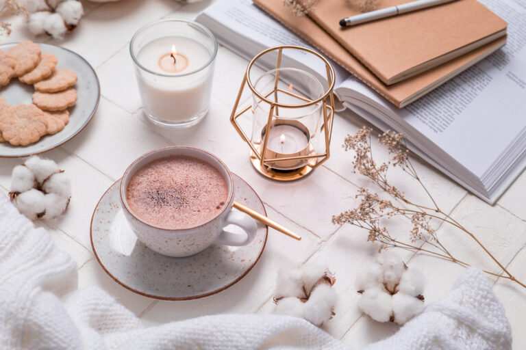 self care sunday journaling prompts hot chocolate candle and journal