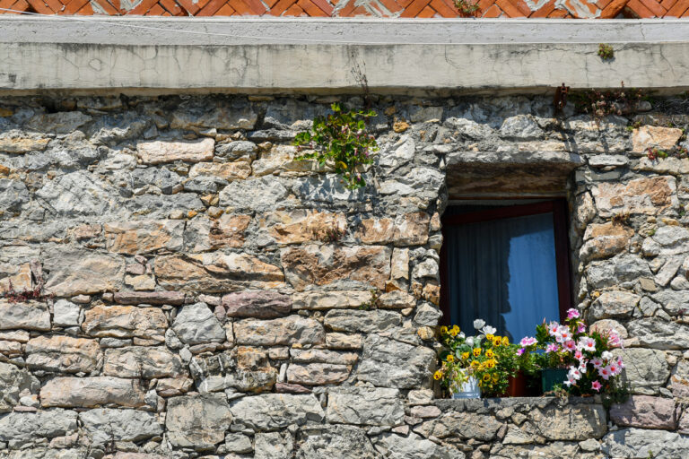 Window seal with plants against stone wall, used as a journal entry.