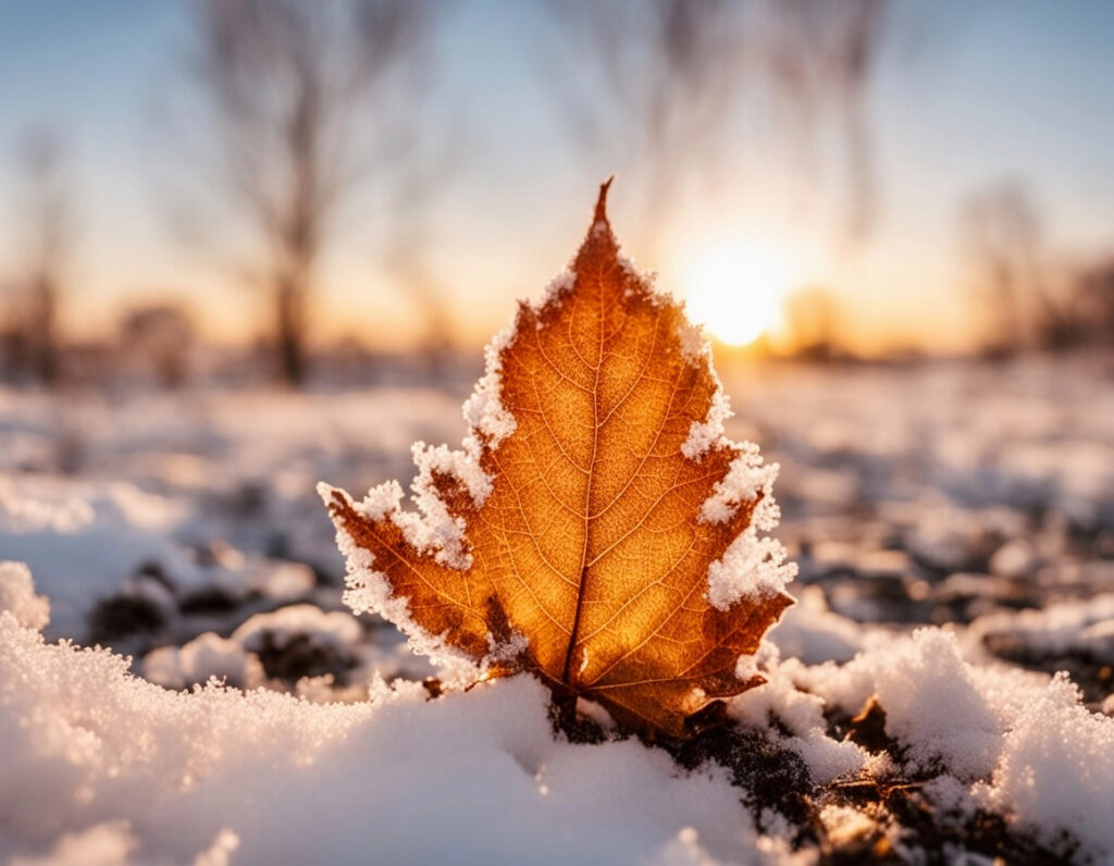 Frozen fall leaf on a winter morning. 